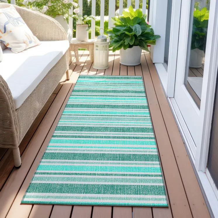 2' X 8' Turquoise Striped Washable Indoor Outdoor Runner Rug