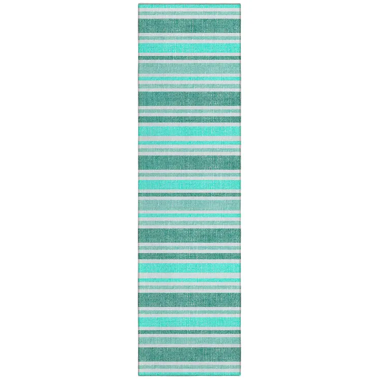 2' X 8' Turquoise Striped Washable Indoor Outdoor Runner Rug