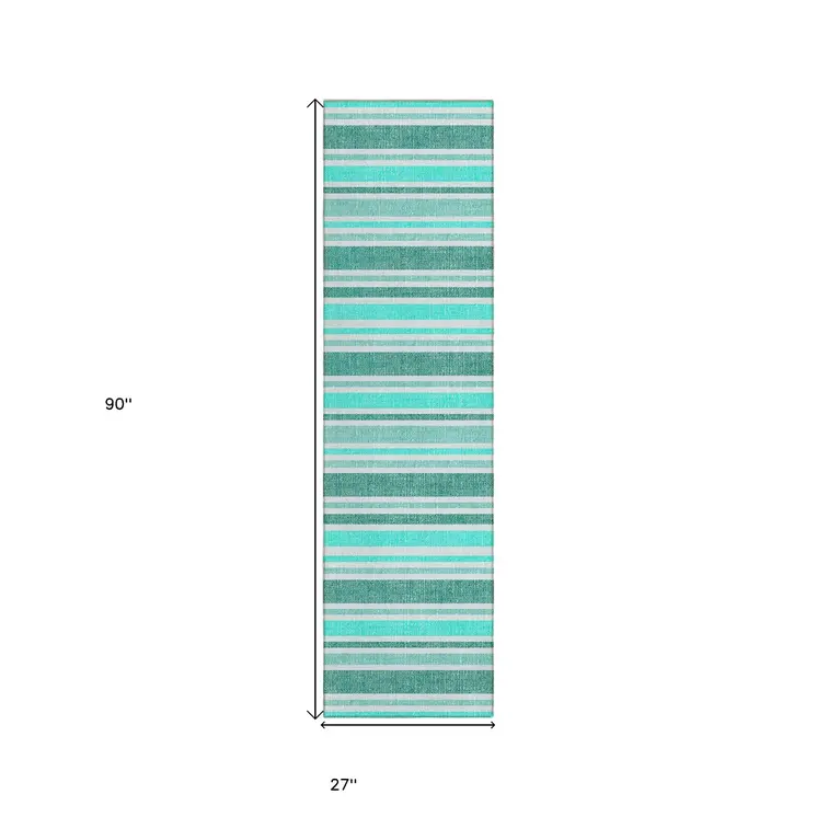 2' X 8' Turquoise Striped Washable Indoor Outdoor Runner Rug