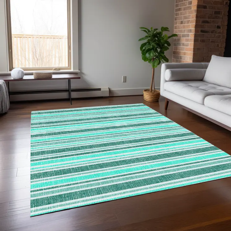 3' X 5' Turquoise Striped Washable Indoor Outdoor Area Rug