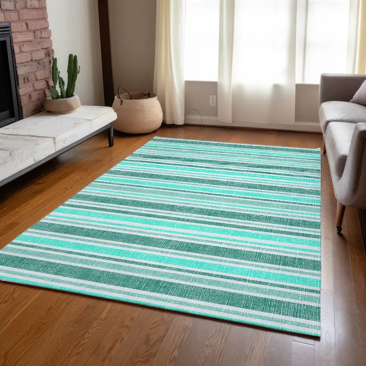3' X 5' Turquoise Striped Washable Indoor Outdoor Area Rug