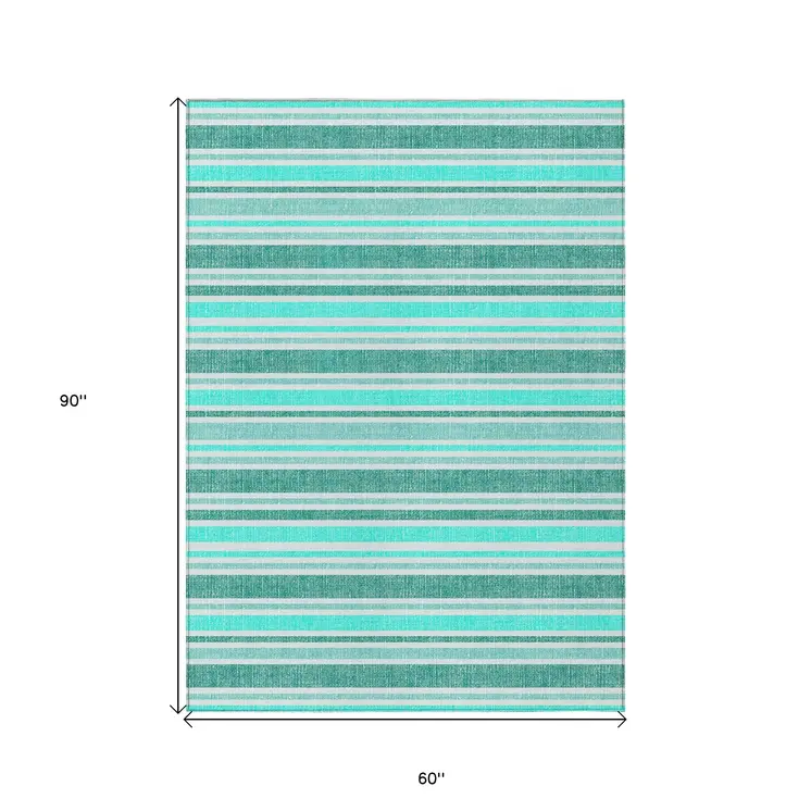 5' X 8' Turquoise Striped Washable Indoor Outdoor Area Rug