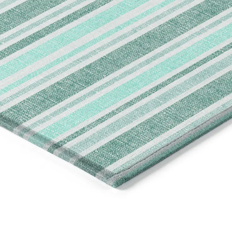 5' X 8' Turquoise Striped Washable Indoor Outdoor Area Rug
