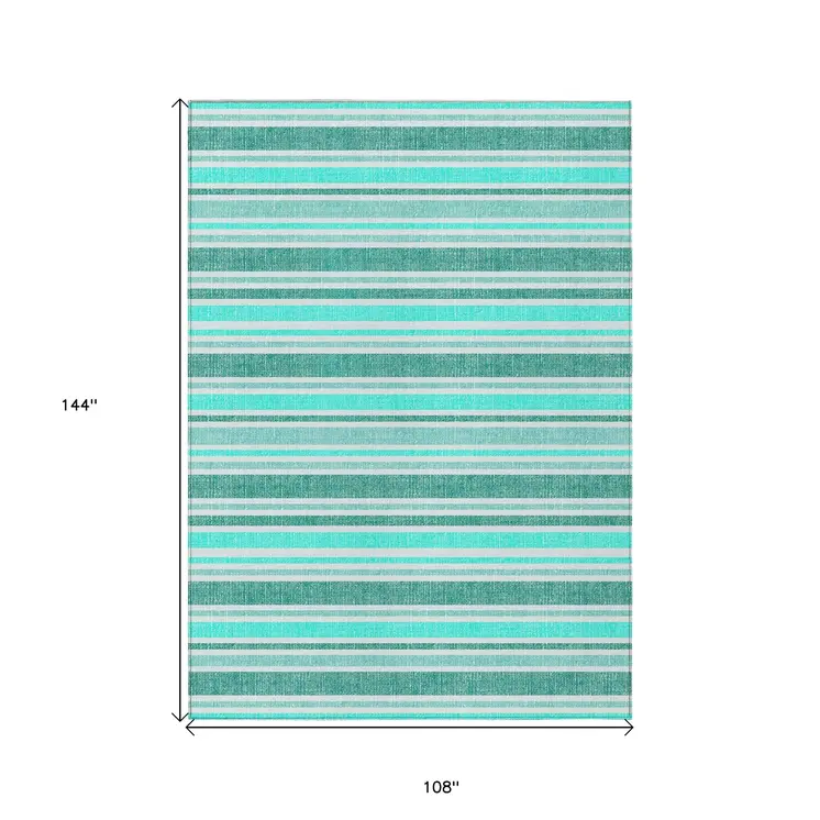 9' X 12' Turquoise Striped Washable Indoor Outdoor Area Rug