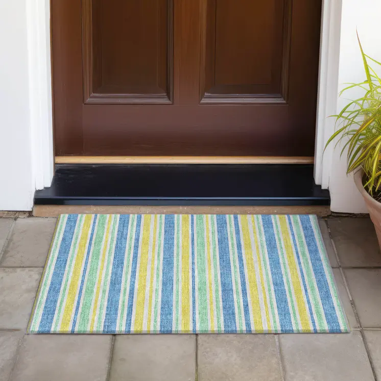 2' X 3' Blue Yellow and Green Striped Washable Non Skid Indoor Outdoor Area Rug