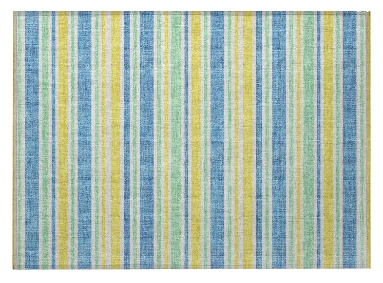 2' X 3' Blue Yellow and Green Striped Washable Non Skid Indoor Outdoor Area Rug