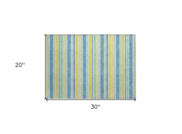 2' X 3' Blue Yellow and Green Striped Washable Non Skid Indoor Outdoor Area Rug