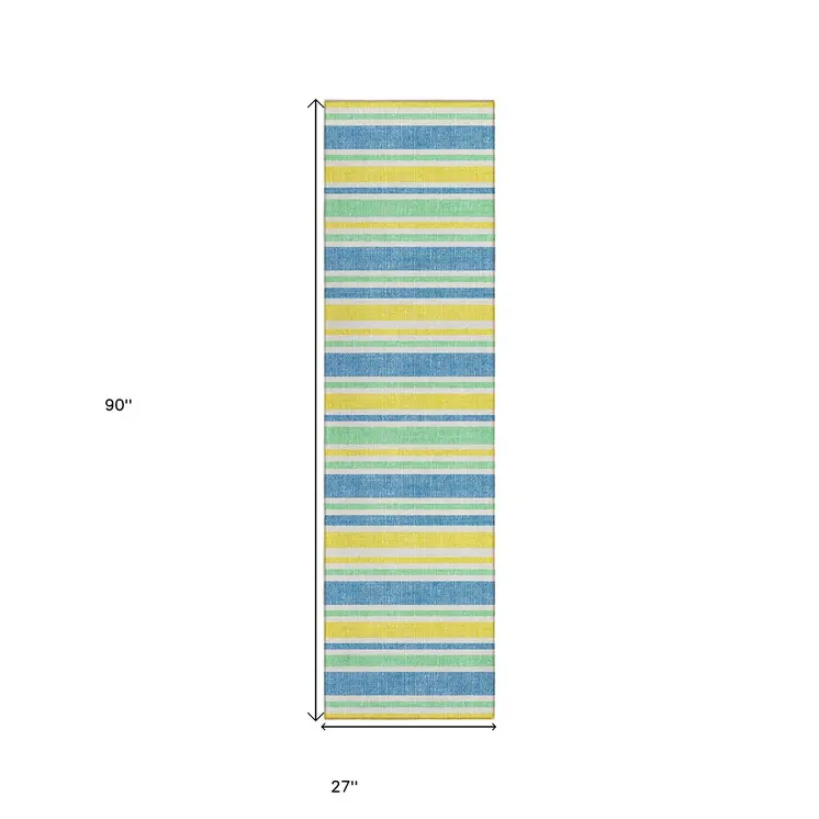 2' X 8' Blue Yellow and Green Striped Washable Non Skid Indoor Outdoor Runner Rug