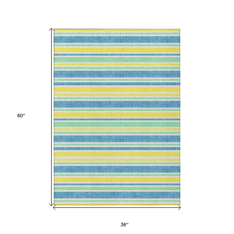 3' X 5' Blue Yellow and Green Striped Washable Non Skid Indoor Outdoor Area Rug