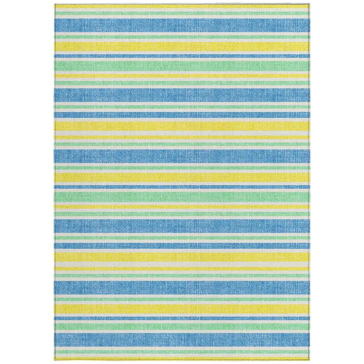 3' X 5' Blue Yellow and Green Striped Washable Non Skid Indoor Outdoor Area Rug