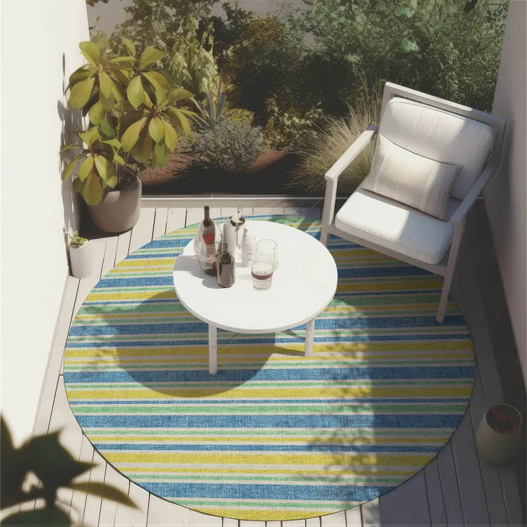 8' X 8' Blue Yellow and Green Round Striped Washable Non Skid Indoor Outdoor Area Rug