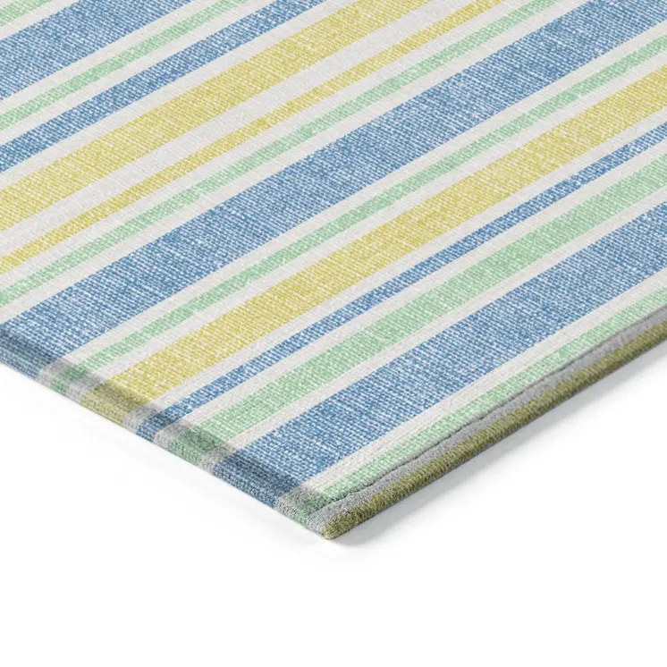 8' X 8' Blue Yellow and Green Round Striped Washable Non Skid Indoor Outdoor Area Rug