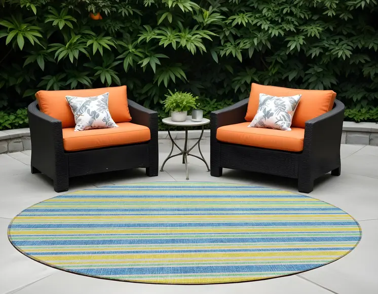 8' X 8' Blue Yellow and Green Round Striped Washable Non Skid Indoor Outdoor Area Rug