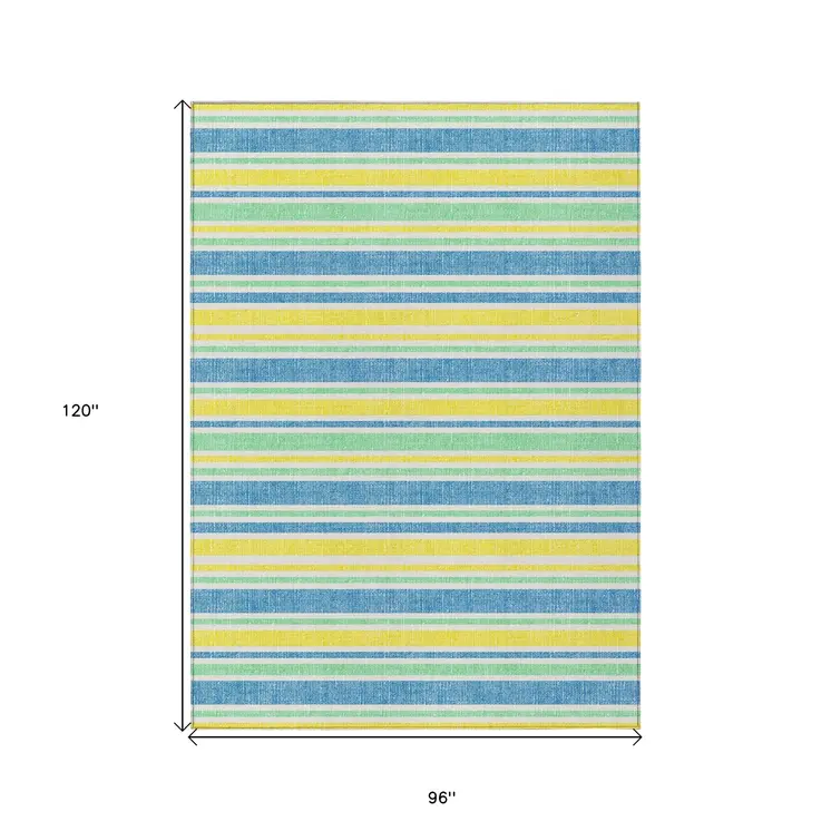 8' X 10' Blue Yellow and Green Striped Washable Non Skid Indoor Outdoor Area Rug