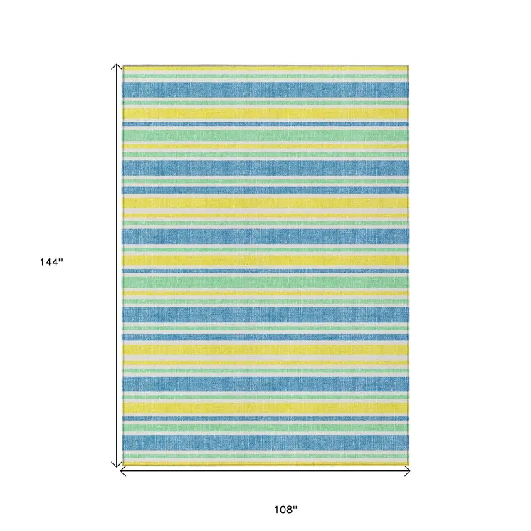 9' X 12' Blue Yellow and Green Striped Washable Non Skid Indoor Outdoor Area Rug