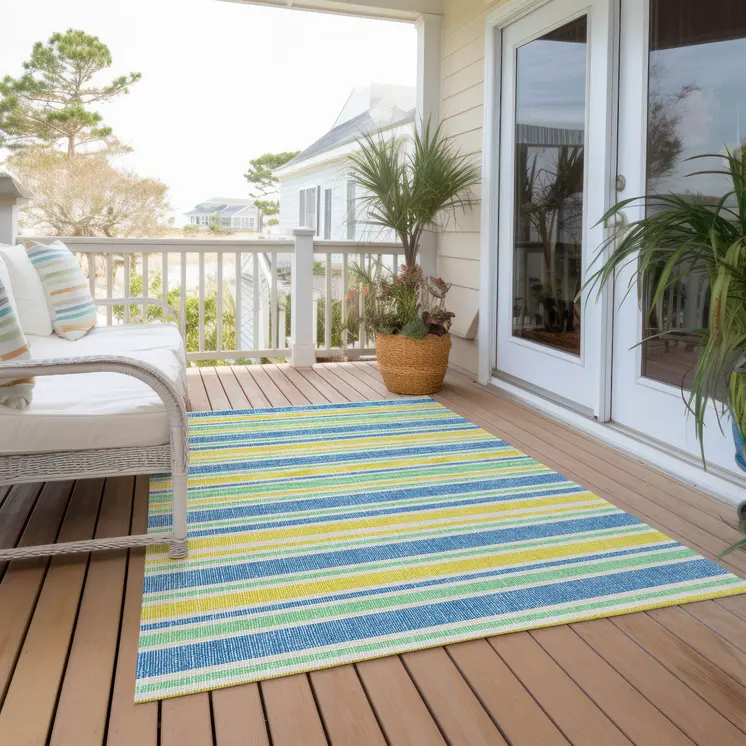 9' X 12' Blue Yellow and Green Striped Washable Non Skid Indoor Outdoor Area Rug