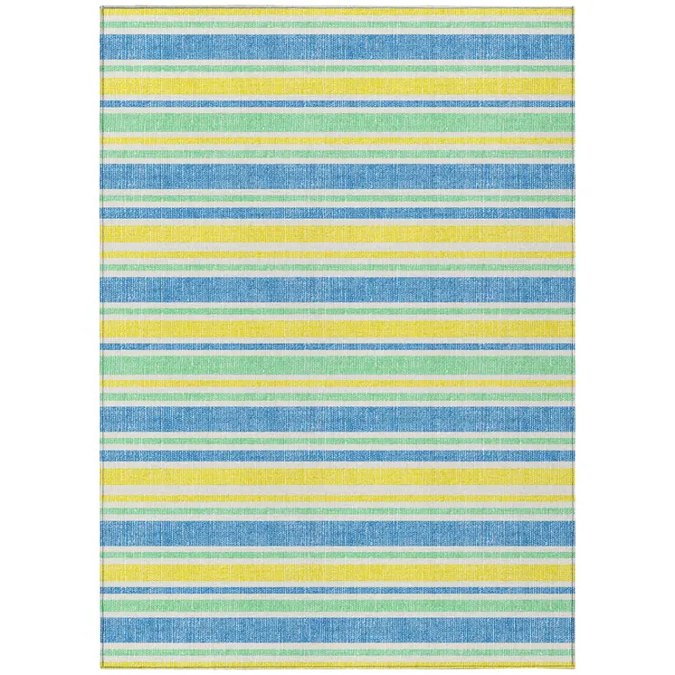 10' X 14' Blue Yellow and Green Striped Washable Non Skid Indoor Outdoor Area Rug
