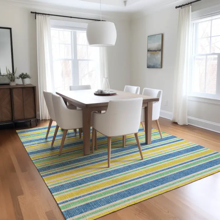 10' X 14' Blue Yellow and Green Striped Washable Non Skid Indoor Outdoor Area Rug