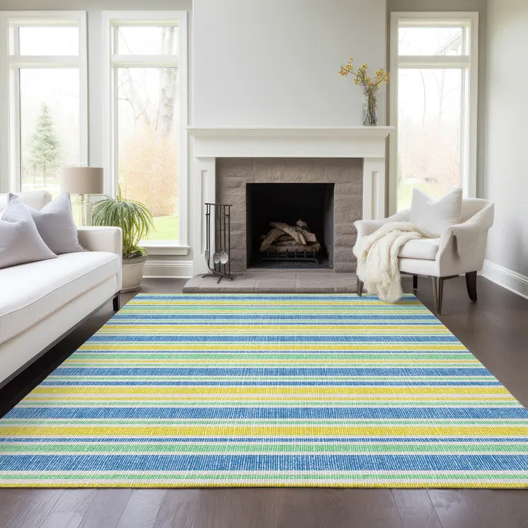 10' X 14' Blue Yellow and Green Striped Washable Non Skid Indoor Outdoor Area Rug