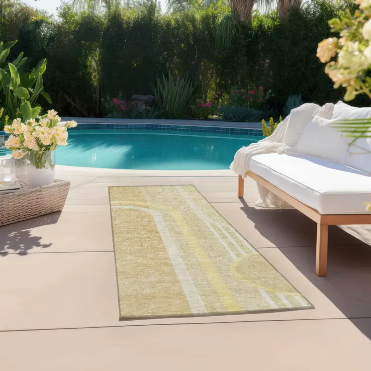 2' X 8' Beige Abstract Washable Indoor Outdoor Runner Rug