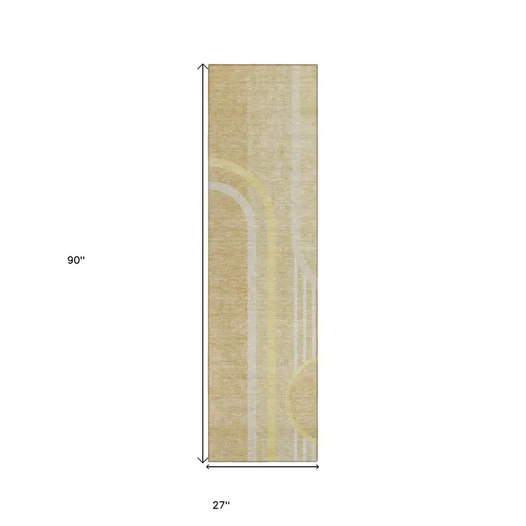 2' X 8' Beige Abstract Washable Indoor Outdoor Runner Rug
