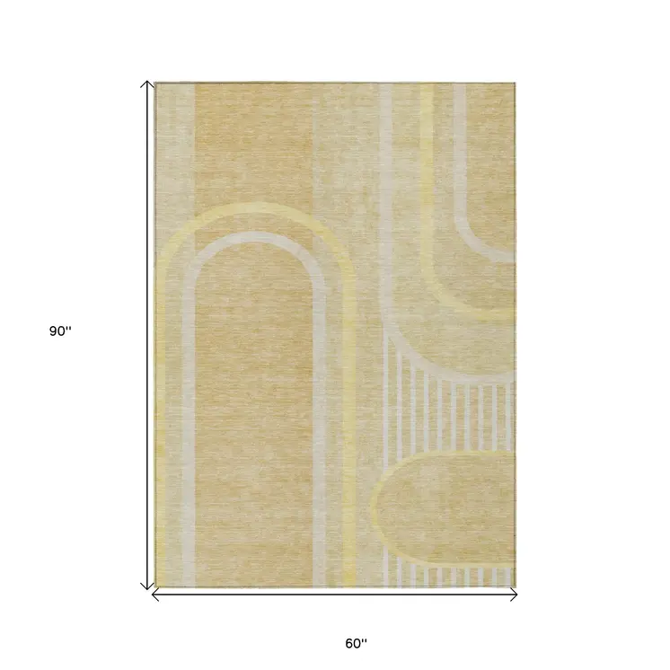 5' X 8' Beige Abstract Washable Indoor Outdoor Area Rug