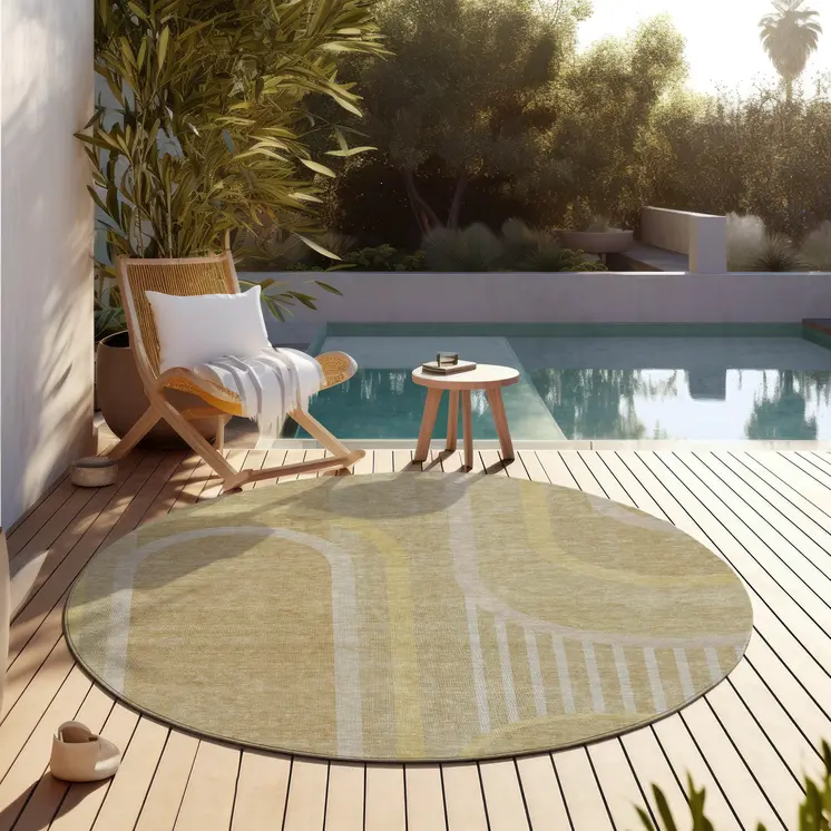 8' X 8' Beige Round Abstract Washable Indoor Outdoor Area Rug