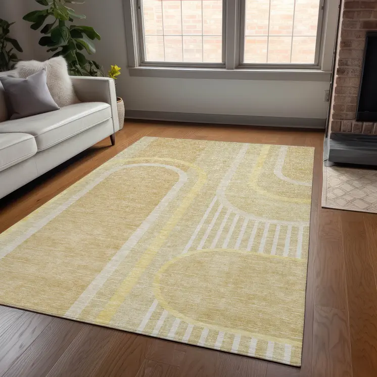 9' X 12' Beige Abstract Washable Indoor Outdoor Area Rug