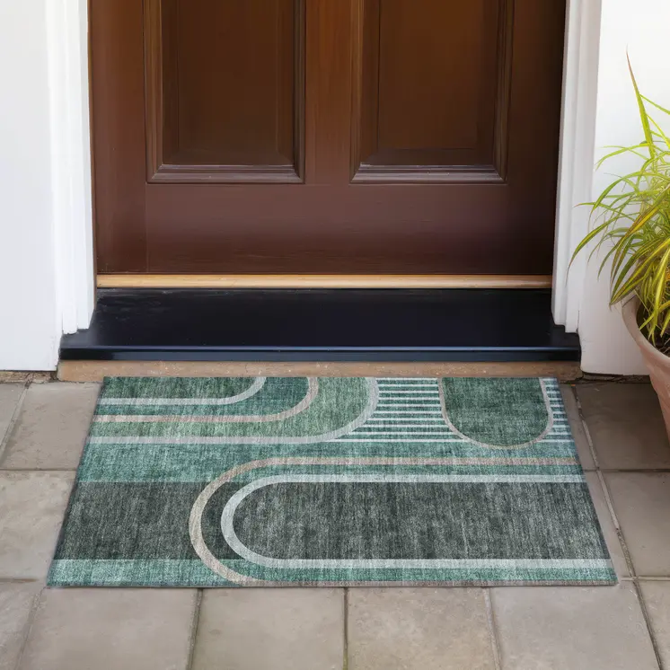 2' X 3' Black and Green Abstract Washable Indoor Outdoor Area Rug