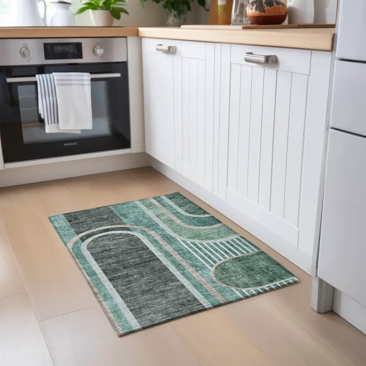 2' X 3' Black and Green Abstract Washable Indoor Outdoor Area Rug