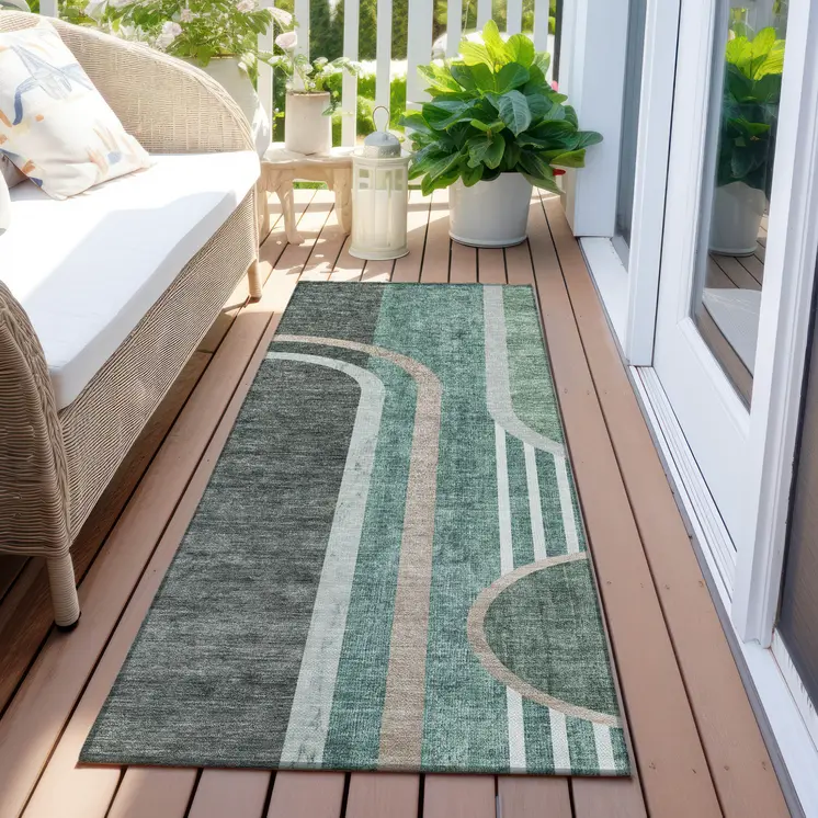 2' X 8' Black and Green Abstract Washable Indoor Outdoor Runner Rug