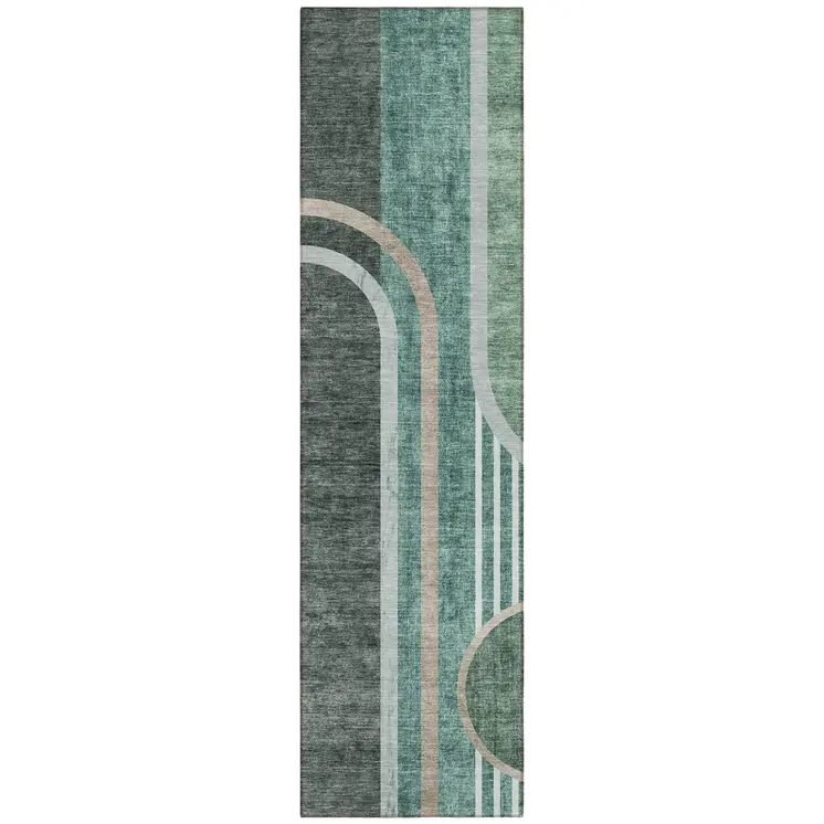 2' X 8' Black and Green Abstract Washable Indoor Outdoor Runner Rug