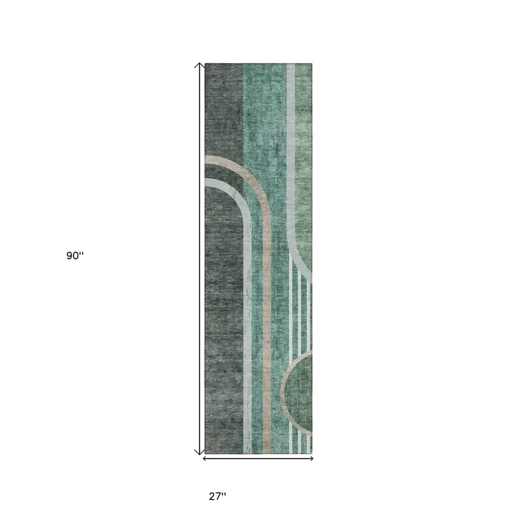 2' X 8' Black and Green Abstract Washable Indoor Outdoor Runner Rug