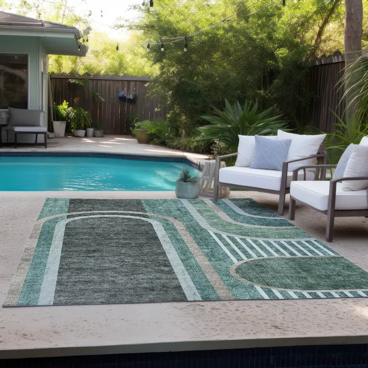 5' X 8' Black and Green Abstract Washable Indoor Outdoor Area Rug
