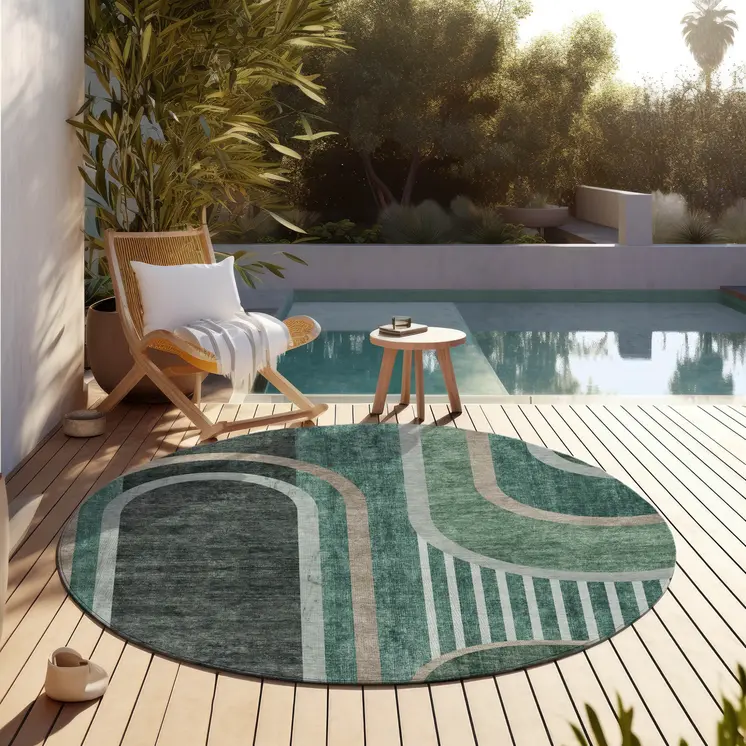 8' X 8' Black and Green Round Abstract Washable Indoor Outdoor Area Rug