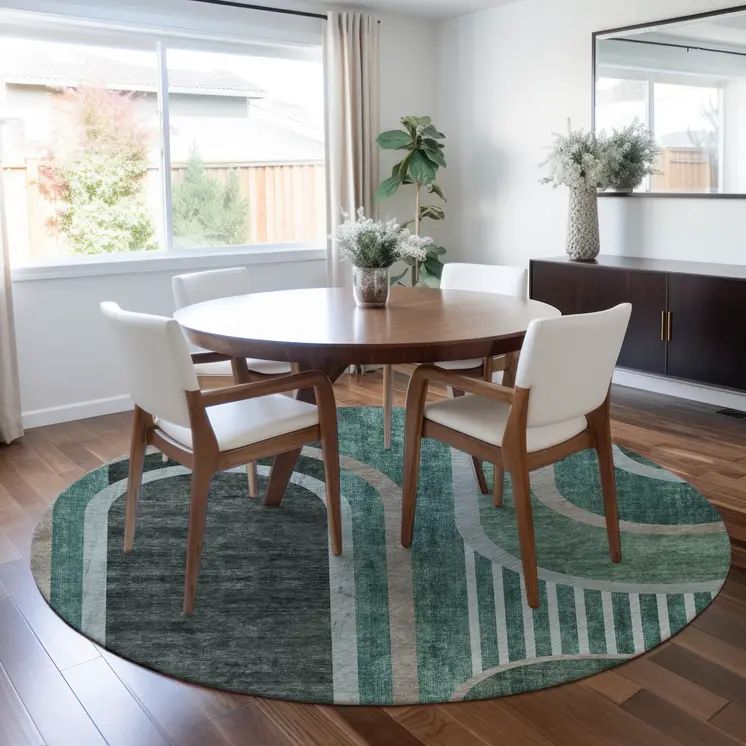 8' X 8' Black and Green Round Abstract Washable Indoor Outdoor Area Rug