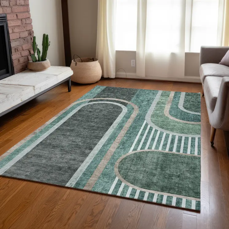 9' X 12' Black and Green Abstract Washable Indoor Outdoor Area Rug