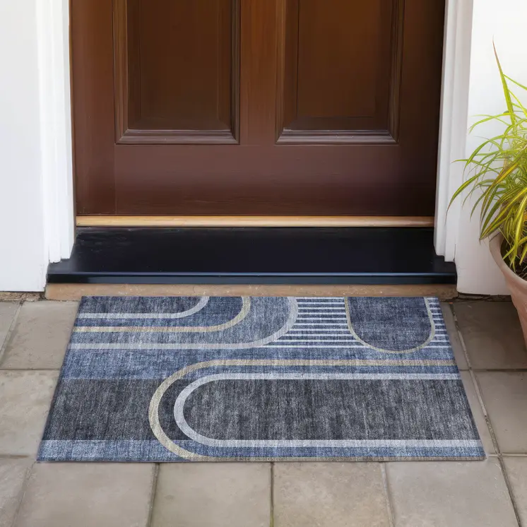 2' X 3' Blue and Black Abstract Washable Indoor Outdoor Area Rug