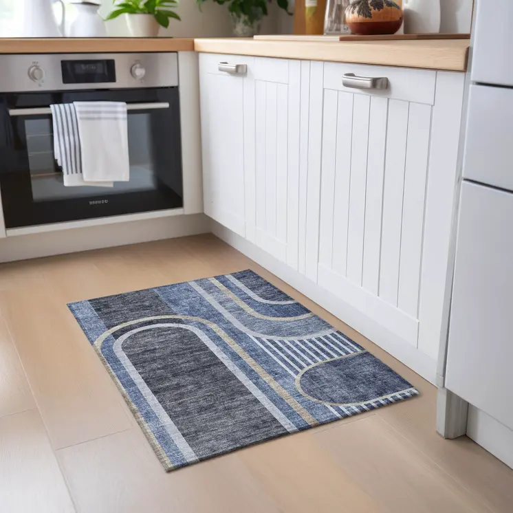 2' X 3' Blue and Black Abstract Washable Indoor Outdoor Area Rug