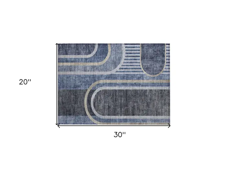 2' X 3' Blue and Black Abstract Washable Indoor Outdoor Area Rug
