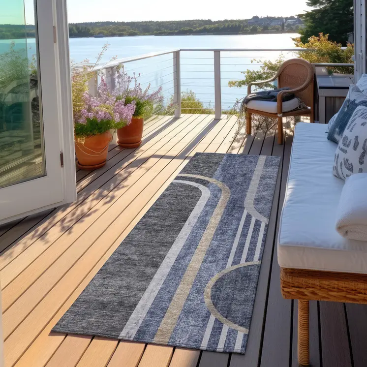 2' X 8' Blue and Black Abstract Washable Indoor Outdoor Runner Rug