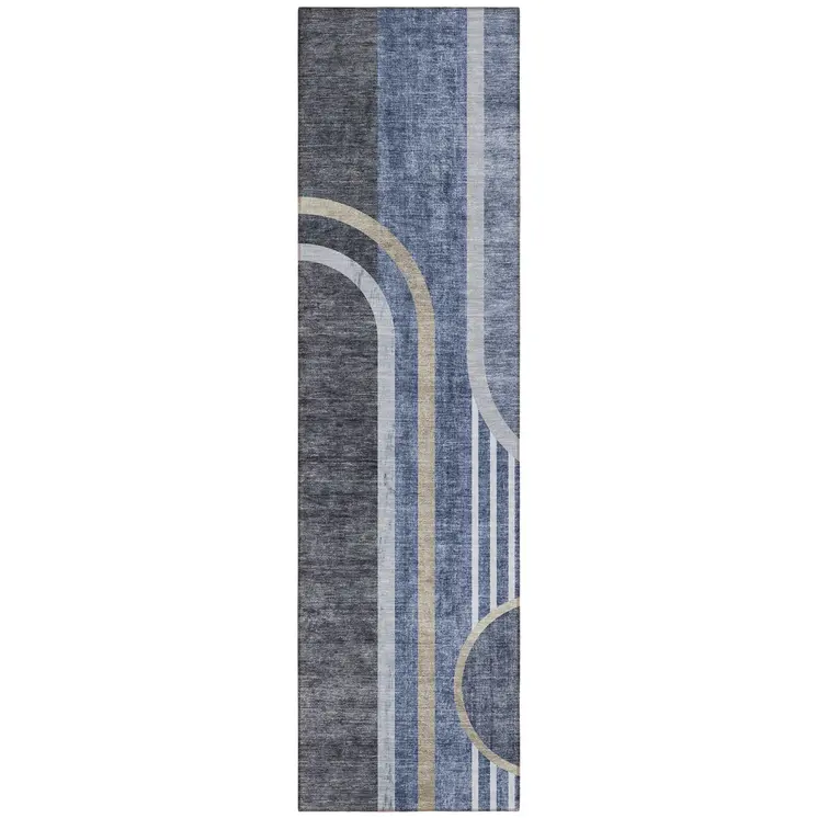 2' X 8' Blue and Black Abstract Washable Indoor Outdoor Runner Rug