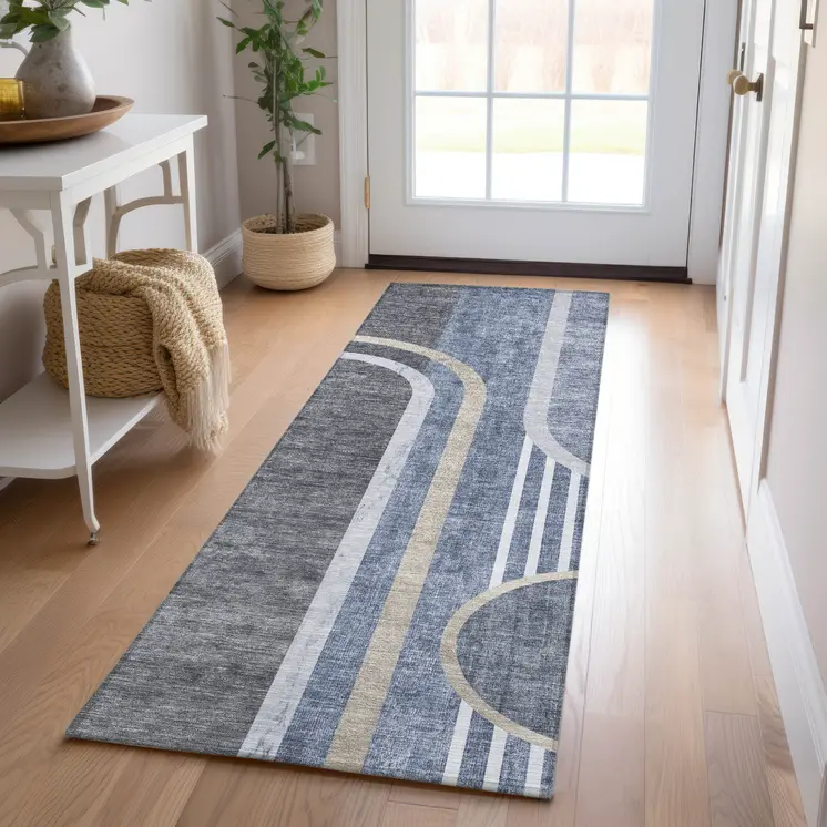 2' X 8' Blue and Black Abstract Washable Indoor Outdoor Runner Rug