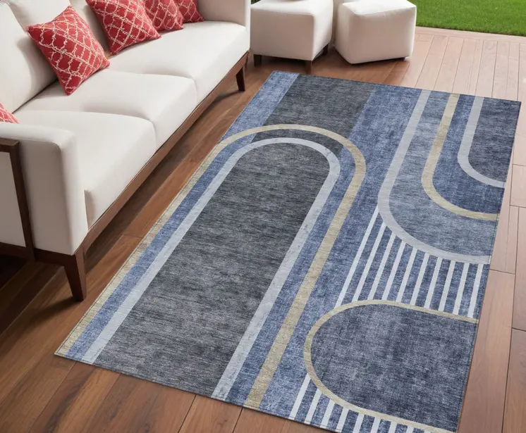5' X 8' Blue and Black Abstract Washable Indoor Outdoor Area Rug