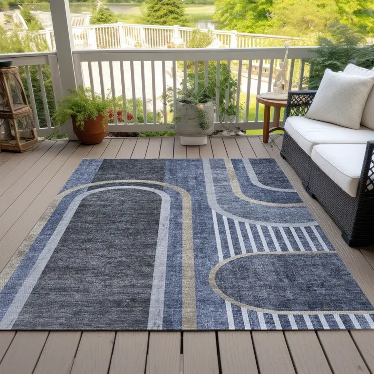 8' X 10' Blue and Black Abstract Washable Indoor Outdoor Area Rug