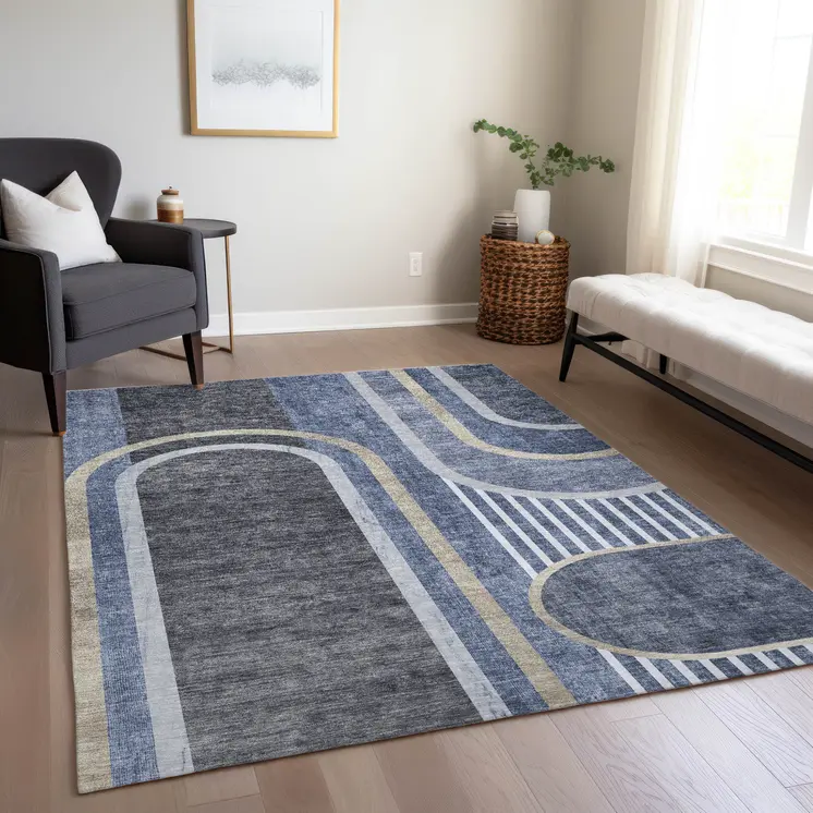 8' X 10' Blue and Black Abstract Washable Indoor Outdoor Area Rug