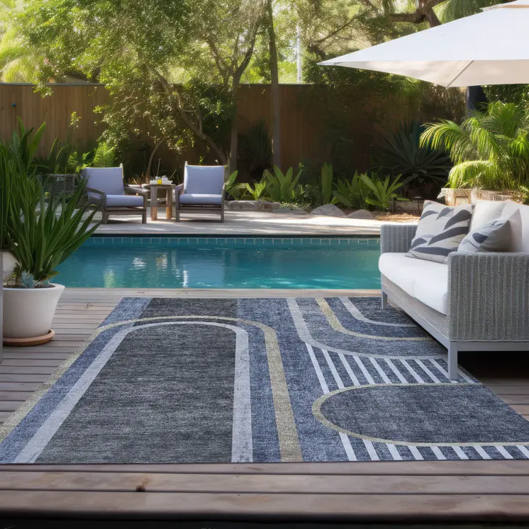 8' X 10' Blue and Black Abstract Washable Indoor Outdoor Area Rug
