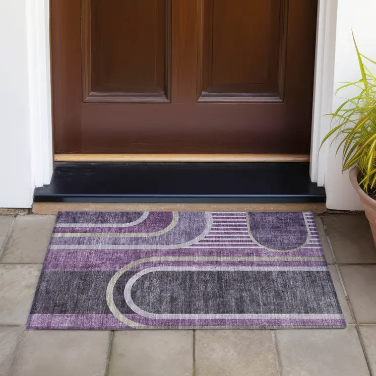 2' X 3' Purple and Black Abstract Washable Indoor Outdoor Area Rug