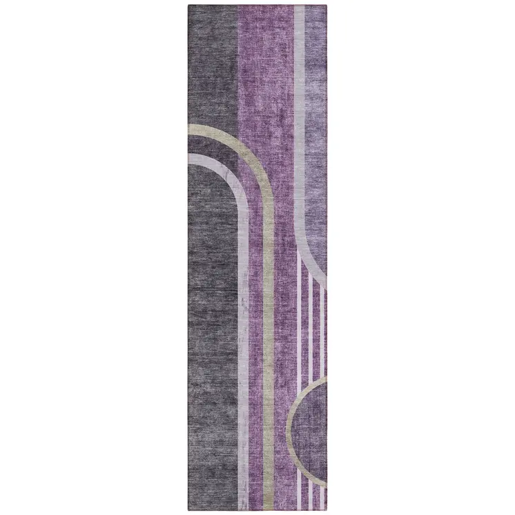 2' X 8' Purple and Black Abstract Washable Indoor Outdoor Runner Rug