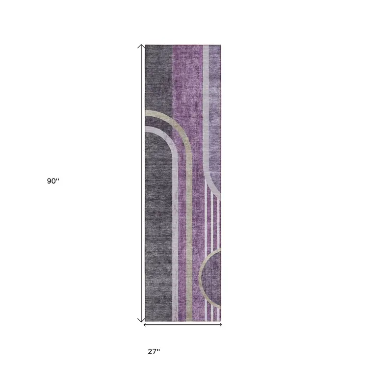 2' X 8' Purple and Black Abstract Washable Indoor Outdoor Runner Rug